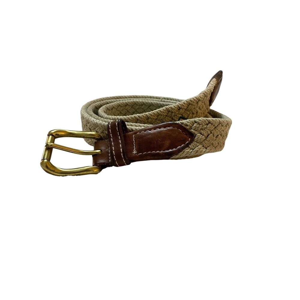 Cole Haan Woven Belt Khaki Tan Brown Leather Trim Gold Tone Buckle Preppy